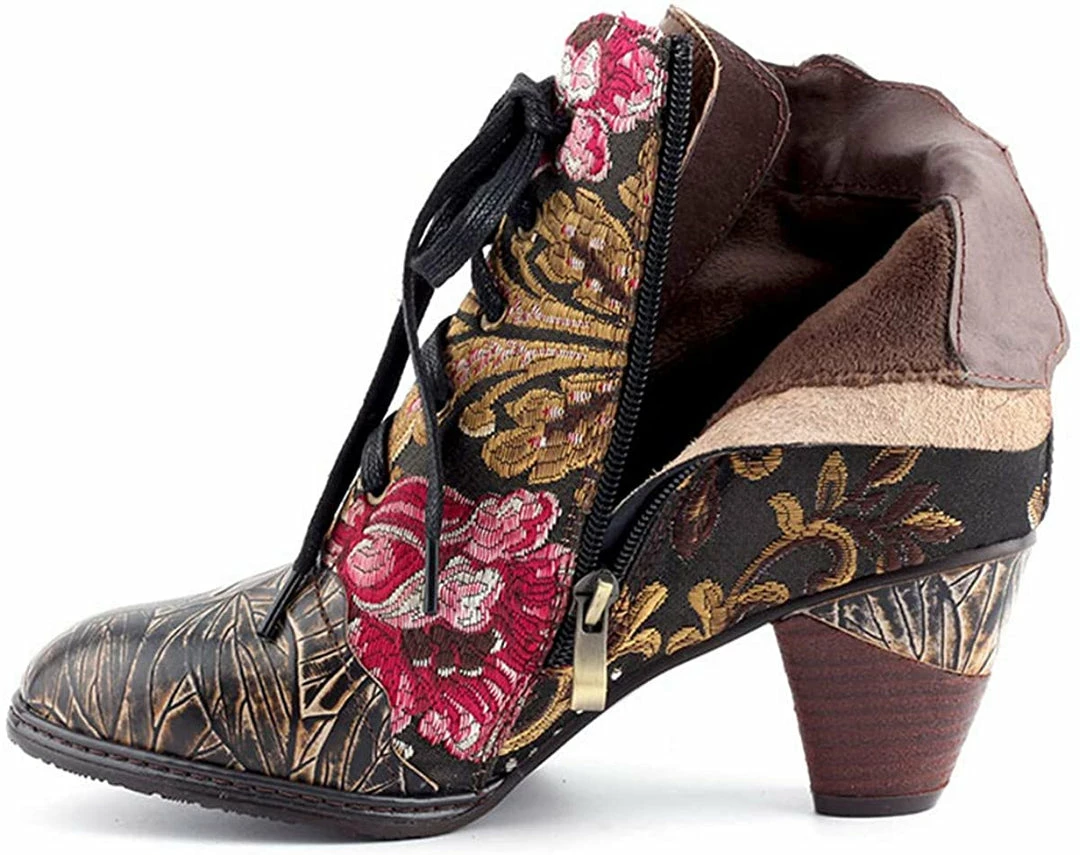 Nuheel® Women's Ankle Boots Handmade Splicing Leather Low Chunky Block Heels 7 Nuheel® Women's Ankle Boots Handmade Splicing Leather Low Chunky Block Heels