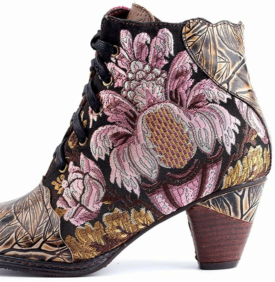 Nuheel® Women's Ankle Boots Handmade Splicing Leather Low Chunky Block Heels 8 Nuheel® Women's Ankle Boots Handmade Splicing Leather Low Chunky Block Heels