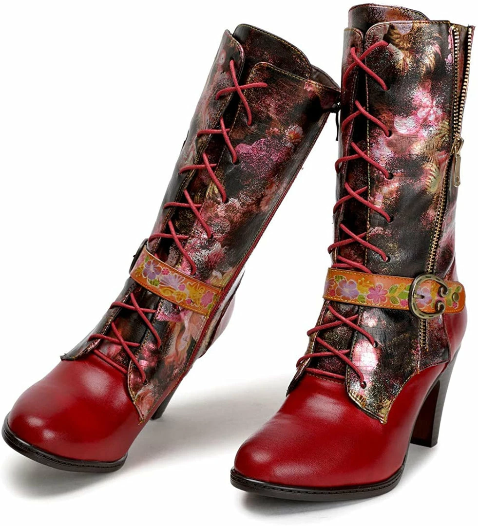 Nuheel® Womens Boots Leather Mid Calf Boots Low Block Heel Lace-up Shoes Woman 5 Nuheel® Womens Boots Leather Mid Calf Boots Low Block Heel Lace-up Shoes Woman