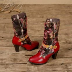 Nuheel® Womens Boots Leather Mid Calf Boots Low Block Heel Lace-up Shoes Woman