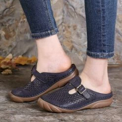 Nuheel® Womens Wedge Mule Clogs Closed Toe Hollow Out Retro Slippers