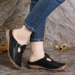 Nuheel® Womens Wedge Mule Clogs Closed Toe Hollow Out Retro Slippers