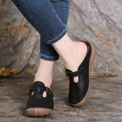 Nuheel® Womens Wedge Mule Clogs Closed Toe Hollow Out Retro Slippers